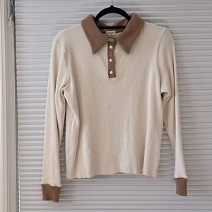 Donni waffle top with pearl buttons - Cream/Brown - Small